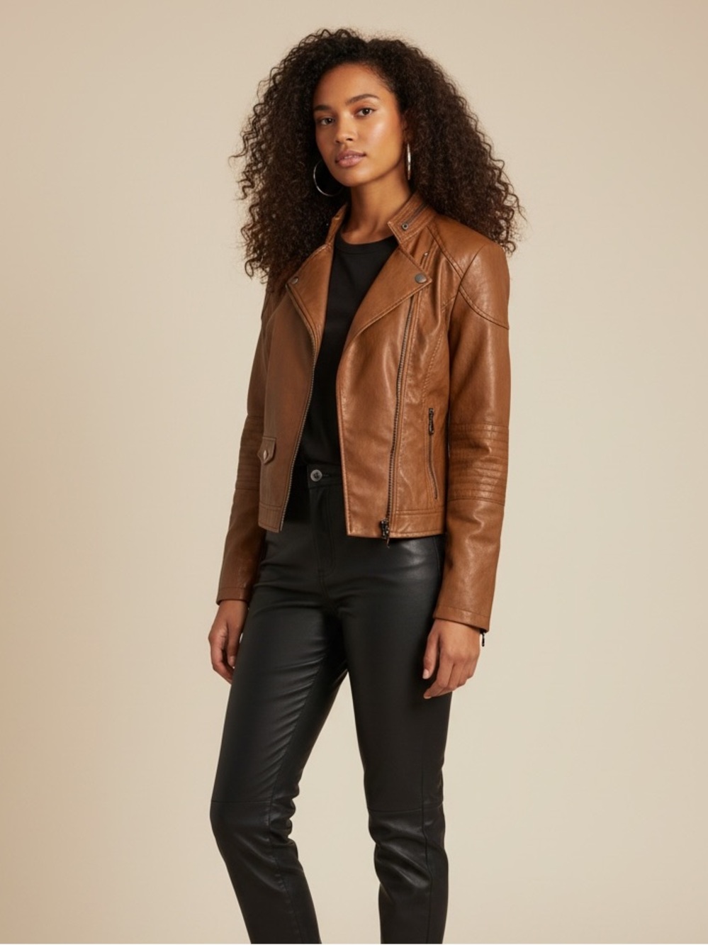 Maralyn & Me Cognac Brown faux Leather Moto Jacket